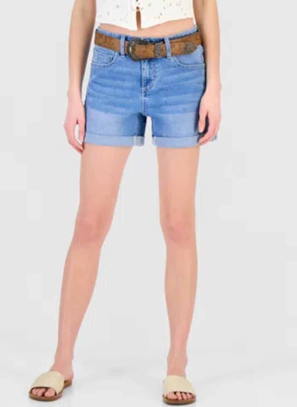 Dollhouse Juniors' Belted Cuffed DenimShorts Bahia 9/10 W 29